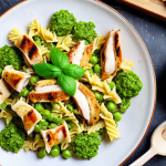 **Colorful farfalle pasta with bright green pea pesto, garnished with parmesan cheese and small grilled chicken pieces, presented in a fun, child-friendly way.**