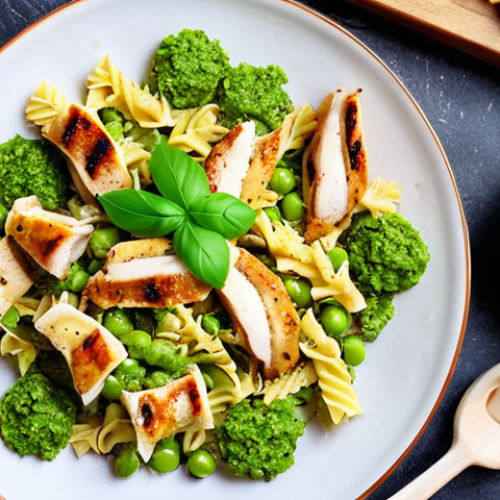 Home 4 **Colorful farfalle pasta with bright green pea pesto, garnished with parmesan cheese and small grilled chicken pieces, presented in a fun, child-friendly way.**