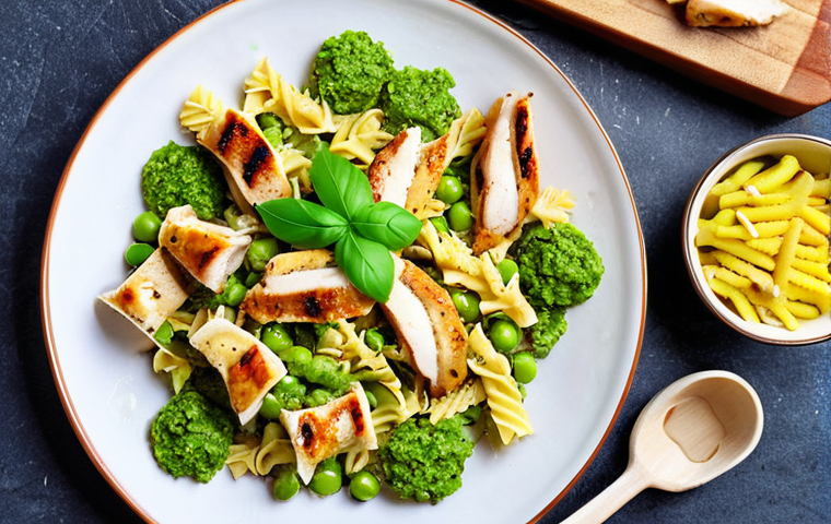 **Colorful farfalle pasta with bright green pea pesto, garnished with parmesan cheese and small grilled chicken pieces, presented in a fun, child-friendly way.**